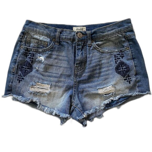 Mudd Shorts Size 11 Distressed Embroidered Raw Hem Denim Stretch Cheeky Y2K - Picture 1 of 7